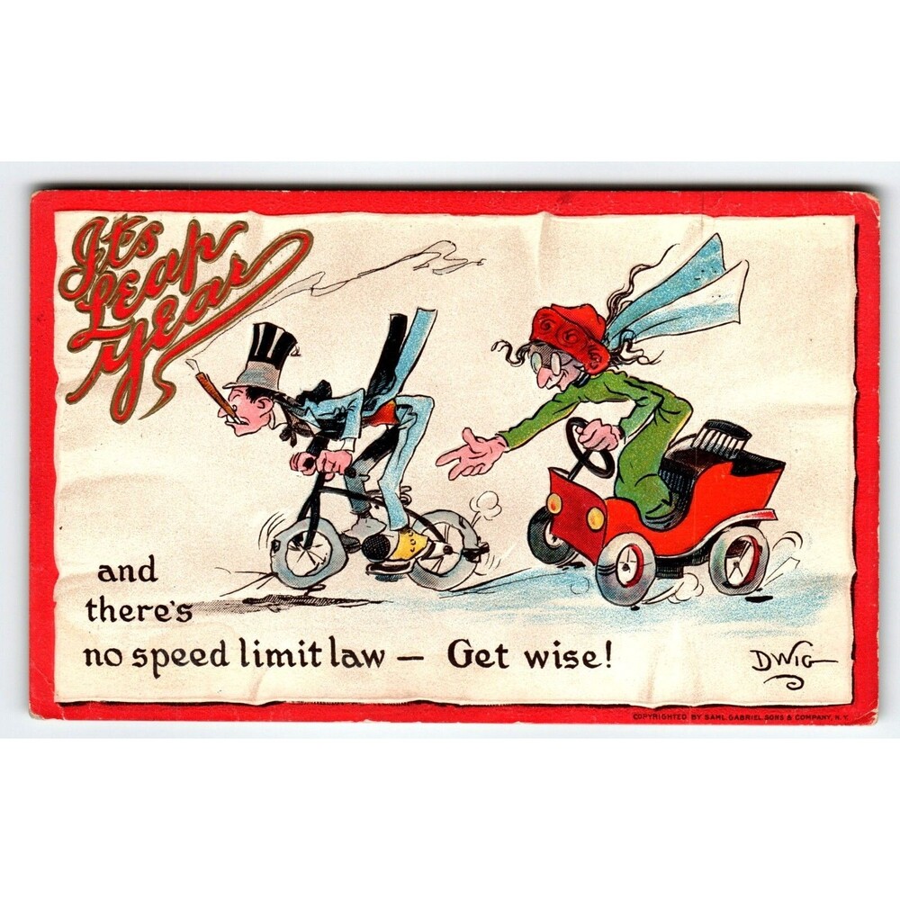 It's Leap New Year Postcard Dwig Women Drives Jalopy Car Embossed Gabriel 401
